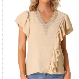 ALLEGRA K | Women's Khaki Ruffle Short Sleeved V-Neck Casual Blouse